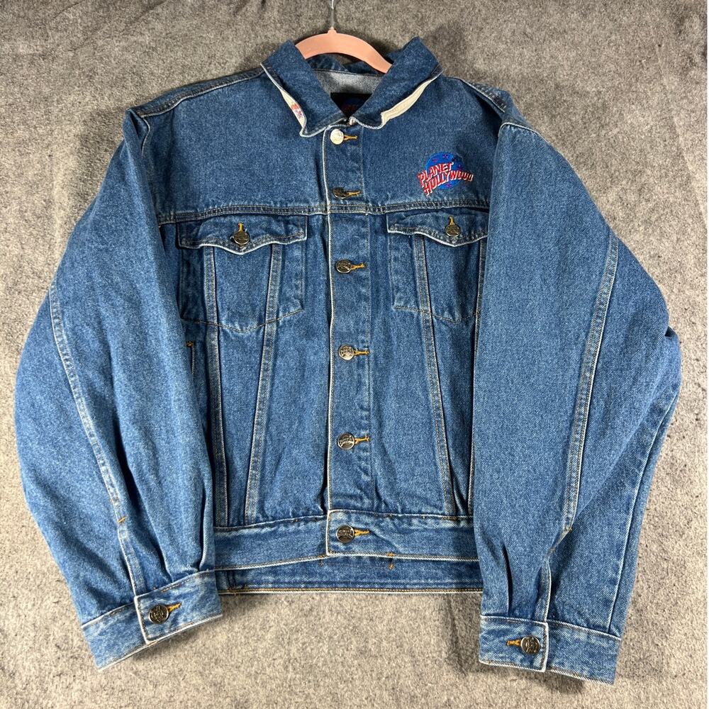 Vintage 90s Planet Hollywood Houston Trucker Jacket Mens M Blue Denim Outdoor - Picture 1 of 7